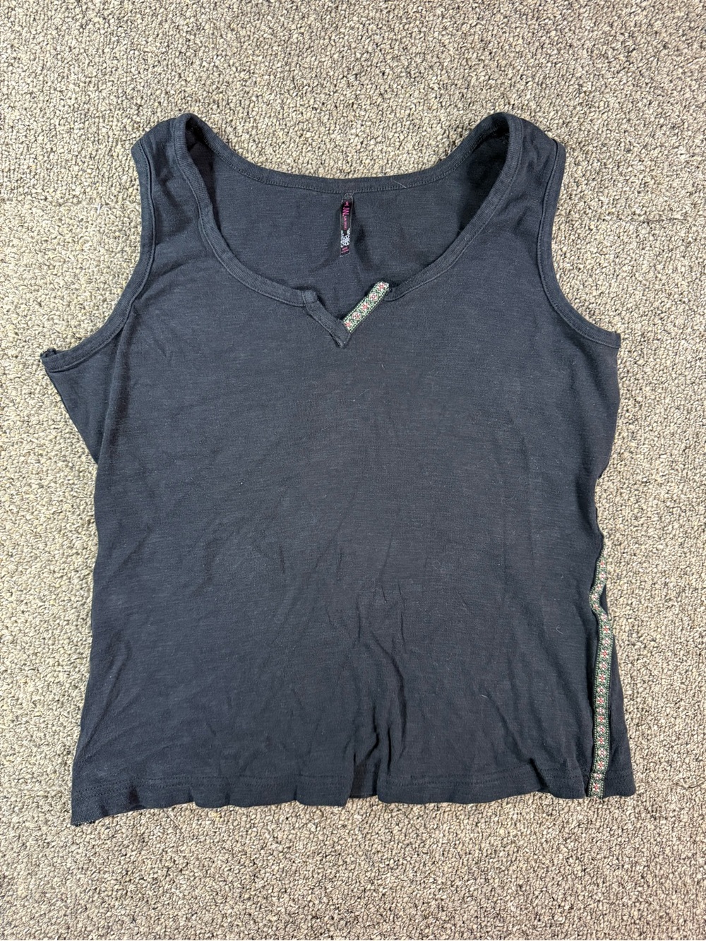 JW Style Black Cotton V-Neck Tank Top with Boho Floral Trim Size Small